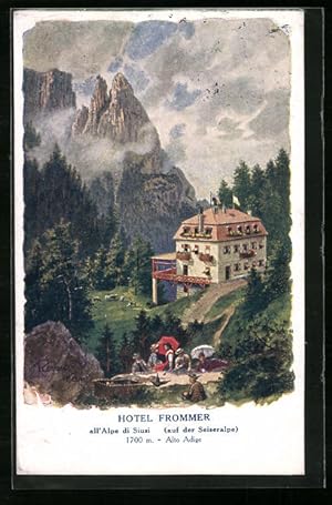 Künstler-Ansichtskarte F.A.C.M. Reisch: Seiseralpe, Hotel Frommer