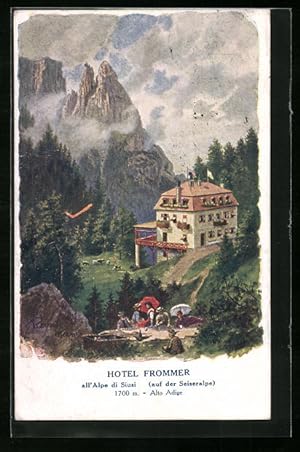 Künstler-Ansichtskarte F.A.C.M. Reisch: Seiseralpe, Hotel Frommer gegen schroffe Gipfel