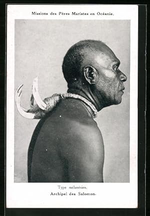Ansichtskarte Archipel des Salomon, Type melanesien, Melanesier mit Halsschmuck aus Tierhauern