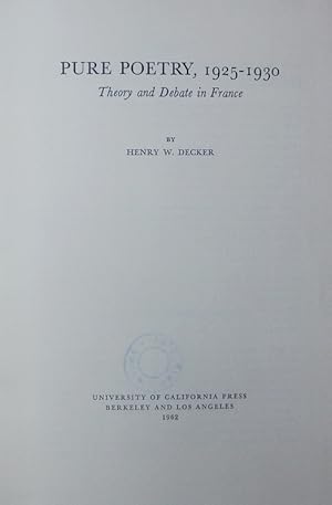 Immagine del venditore per Pure Poetry, 1925-1930. Theory and Debate in France. venduto da Antiquariat Bookfarm