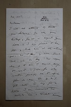 Seller image for handwritten and signed association letter to Lady Dorothy Fanny Nevill by the author of 'On the Origin of Species' for sale by First and Fine