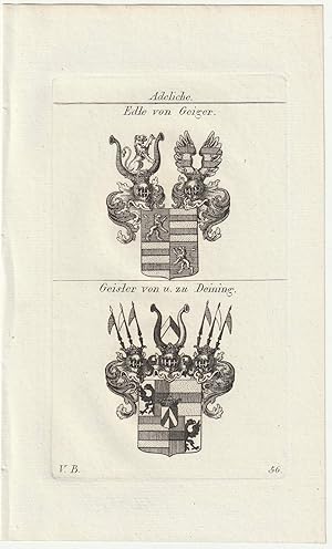 Adeliche: Edle von Geiger / Geisler von u. zu Deining. Original-Kupferstich mit 2 Wappen.