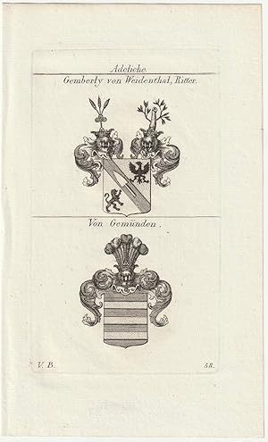 Adeliche: Gemberly von Weidenthal, Ritter / Von Gemünden. Original-Kupferstich mit 2 Wappen.