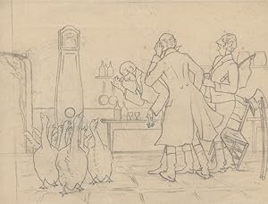 "3 HOMMES DEVANT TROUPEAU D'OIES" Dessin au crayon noir sur papier calque (1910)