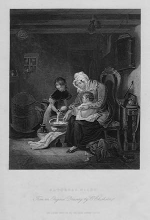 BATHING BABY ON SATURDAY NIGHT After CHISHOLME 1835 Steel Engraving