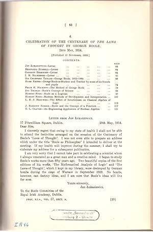 Bild des Verkufers fr Celebration of the Centenary of the 'Laws of Thought' by George Boole." (Proceedings of the Royal Irish Academy; Vol. 57, pp. 63-181) zum Verkauf von Craig Olson Books, ABAA/ILAB