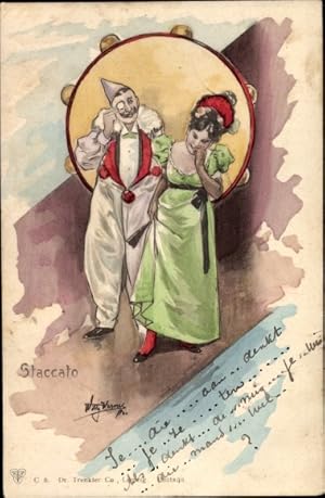 Künstler Ansichtskarte / Postkarte Staccato, Pierrot mit Frau, Tambourin