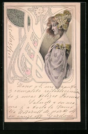 Ansichtskarte Dame mit floralen Ornamenten, Jugendstil