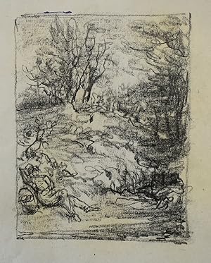 Gerald Ososki drawing of a landscape with a figure resting (O2) Original Drawing with Studio Stamp.