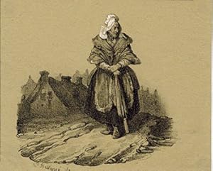 Old woman with an umbrella in front of a house. . First edition of the lithograph.