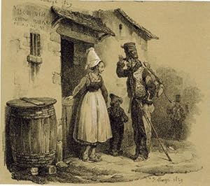 Soldier saluting a farm girl in front of her shop: Bon vin, cidre bière. . First edition of the l...