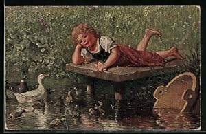 Ölgemälde-Imitations-Ansichtskarte Erpaco-Kunstverlag Nr. 492: Entenliesel mit Bottich am Wasser