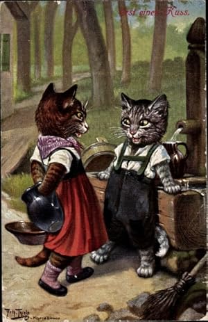 Künstler Ansichtskarte / Postkarte Thiele, Arthur, Erst einen Kuss, vermenschlichte Katzen - Stro...