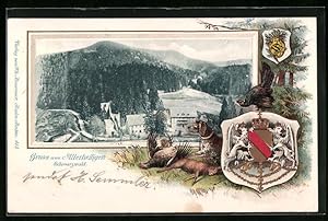 Passepartout-Lithographie Allerheiligen /Schwarzwald, Jagdhunde mit erlegtem Wild, Wappen