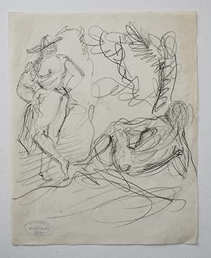 Gerald Ososki drawing of a couple with the woman dancing. (O14) Original Drawing with Studio Stamp.