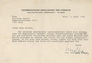 Brief mit e.U. Wien 1.4.1966. 1 S. Quer 8°.