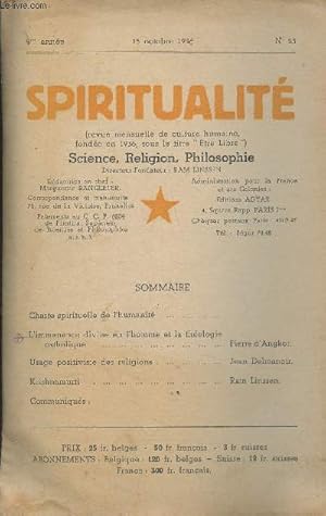 Imagen del vendedor de Spiritualit n23, 9e anne- 15 octobre 1946-Sommaire: Charte spirituelle de l'humanit- Limmanence divine en l'homme et la thologie catholique par Pierre d'Angkor- Usage positiviste des religions par Jean Delmanoir- Krishnamurti par Ram Linssen. a la venta por Le-Livre