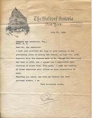 Imagen del vendedor de 1928 Oscar [of the Waldorf] Tschirky Typed Letter Signed a la venta por Dennis Holzman Antiques
