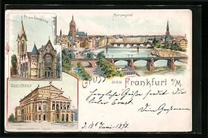 Lithographie Frankfurt a. M., Mainansicht, Opernhaus, Die neue Peterskirche
