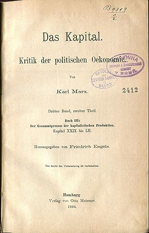 Bild des Verkufers fr Das Kapital. Kritik der politischen Oekonomie. Dritter Band, zweiter Theil [First edition] zum Verkauf von Antikvariat Valentinska