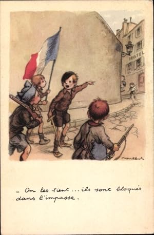 Künstler Ansichtskarte / Postkarte Poulbot, Kinder mit französischer Fahne als Soldaten, Ligue na...