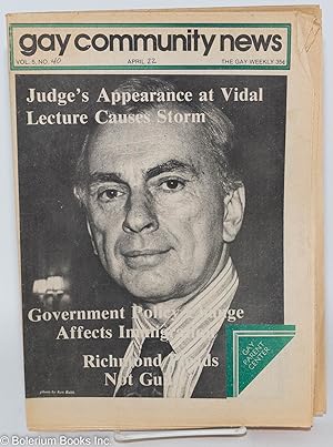 Bild des Verkufers fr GCN - Gay Community News: the gay weekly; vol. 5, #40, Apr. 22, 1978: Judge's Appearance at Vidal Lecture Causes Storm zum Verkauf von Bolerium Books Inc.