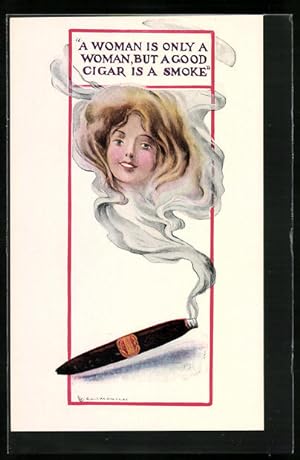 Künstler-Ansichtskarte Metamorphose, Junge Frau erscheint im Rauch einer Zigarre