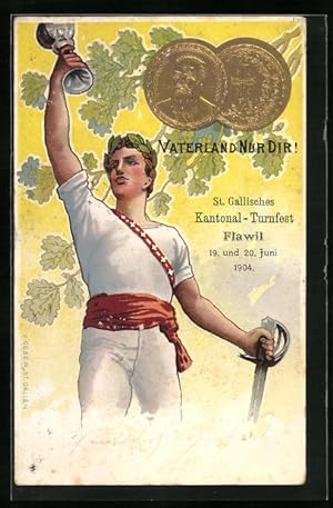 Künstler-Ansichtskarte Flawil, St. Gallisches Kantonal Turnfest 1904 - Sieger mit Pokal