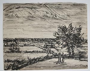 Gerald Ososki landscape drawn in charcoal with grey wash. (O25) Original Drawing with Studio Stamp.