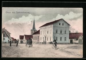 Ansichtskarte Sachsenhausen, Ortspartie mit Gasthof und Kirche