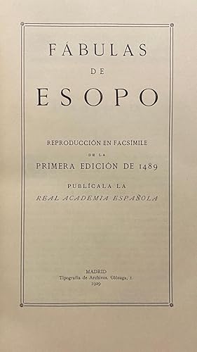Imagen del vendedor de FBULAS DE ESOPO. Reproduccin en facsmile de la primera edicin de 1489. a la venta por Auca Llibres Antics / Yara Prez Jorques