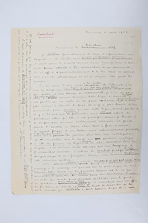 Brouillon autographe d'une lettre adressée au directeur de Combat à propos de l'affaire du mammouth