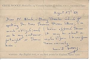 Bild des Verkufers fr [Cecil Woolf, bookseller and publisher, nephew of Leonard and Virginia Woolf.] Autograph Card Signed to bookseller Andrew Block, regarding his offer of  two Thomas Moore letters . zum Verkauf von Richard M. Ford Ltd