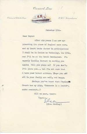 Imagen del vendedor de [Elsa Shelley, American dramatist and actress.] Two Typed Letters Signed to theatre historian W. J. Macqueen-Pope, giving and asking for news, and announcing her approaching arrival in England. a la venta por Richard M. Ford Ltd