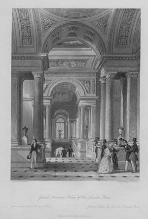 THE GRAND STAIRCASE IN THE LOUVRE PARIS,1845 Steel Engraving,Antique print