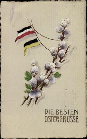Ansichtskarte / Postkarte Glückwunsch Ostern, Weidenkätzchen, Kaiserliche und österreichische Fahne
