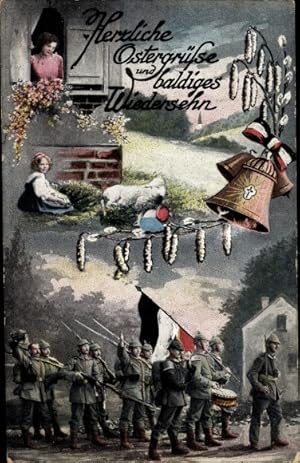 Ansichtskarte / Postkarte Glückwunsch Ostern, Glocken, Lamm, Soldaten, Weidenkätzchen, Mädchen, Frau