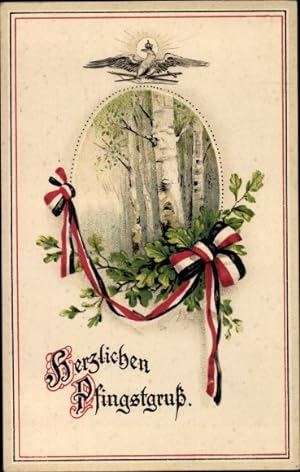 Ansichtskarte / Postkarte Glückwunsch Pfingsten, Waldpartie, Birken, Kaiserliche Fahne, Eichenlaub