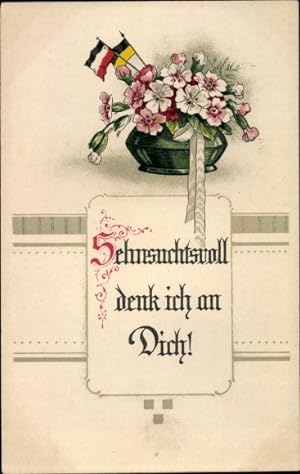 Bild des Verkufers fr Ansichtskarte / Postkarte Sehnsuchtsvoll denk ich an dich, Blumenstrau, Kaiserliche und sterreichische Fahne zum Verkauf von akpool GmbH