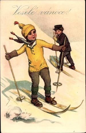 Image du vendeur pour Ansichtskarte / Postkarte Glckwunsch Weihnachten, Jungen fahren Ski, Vesele vanoce mis en vente par akpool GmbH