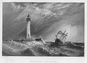 VIEW OF EDDYSTONE LIGHTHOUSE WITH TALL SHIP located on the Eddystone Rocks, 9 statute miles south...