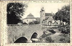 Ansichtskarte / Postkarte Sloup Slaup Südmähren, Teilansicht mit Brücke und Kirche