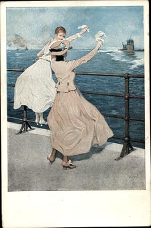 Künstler Ansichtskarte / Postkarte Wennerberg, Bruno, Auf Wiedersehen, winkende Frauen, Kriegsschiff