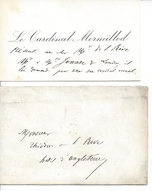 Imagen del vendedor de [Gaspard Mermillod, Roman Catholic cardinal of Swiss extraction, noted for his preaching.] Note in French in the third person, to Thodor de la Bire, on his calling card, in envelope addressed by him, introducing  Mr. & Mme. Jenner de Londres . a la venta por Richard M. Ford Ltd