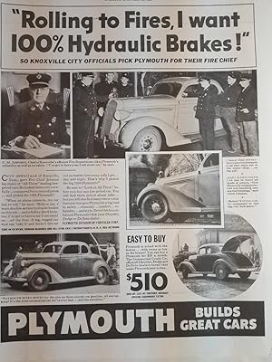 Image du vendeur pour Advertisement for Plymouthj - Builds Great Cars "Rolling to fires, I want 100% Hydraulic Brake!" mis en vente par Hammonds Antiques & Books