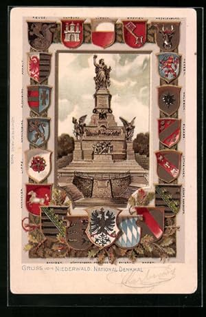 Passepartout-Lithographie Niederwald-National-Denkmal von Wappen gerahmt