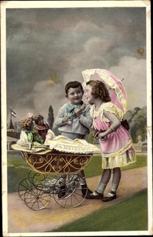 Ansichtskarte / Postkarte Junge und Mädchen mit Puppen und Puppenwagen
