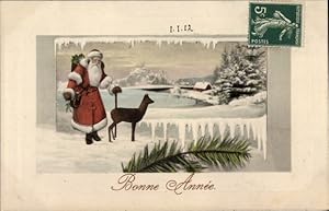 Ansichtskarte / Postkarte Glückwunsch Neujahr, Winterlandschaft mit Weihnachtsmann und Reh