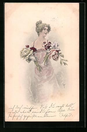 Bild des Verkufers fr Ansichtskarte Frulein mit 2 Blumenstrussen zum Verkauf von Bartko-Reher