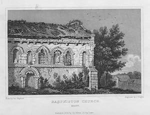 VIEW OF BARFRISTON CHURCH IN KENT ,1835 Historical Steel Engraving,Antique Print